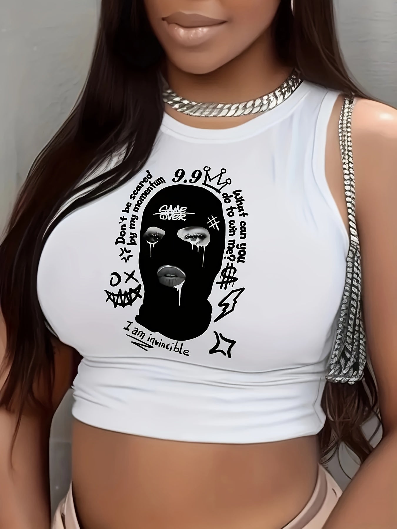 Women's Stylish Graphic Print Tank Top - Sleeveless Crew Neck Crop Top with Bold Portrait Design, "I'm Not a Foodie" Quote & Stars, White Polyester Knit for Spring & Summer Casual Wear